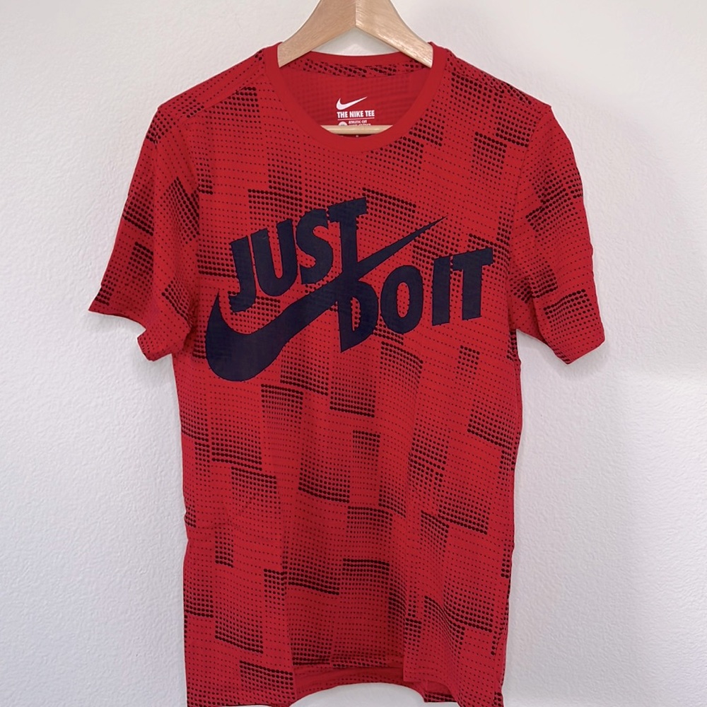 The Nike Tee, Red with Black Dots and Logo , Athletic Cut, Size Medium